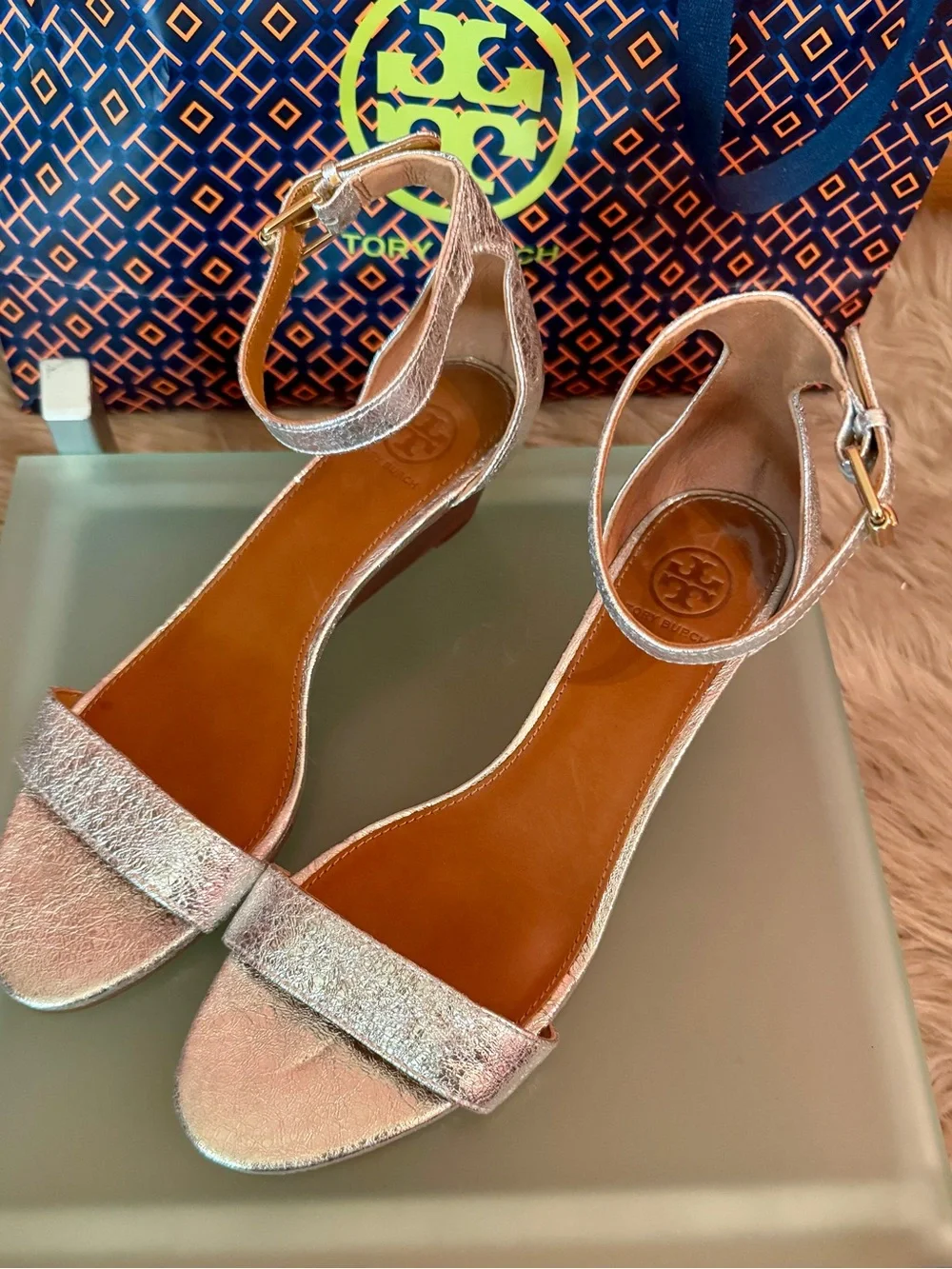 Tory Burch Silver Metallic Ankle-Strap Sandals
